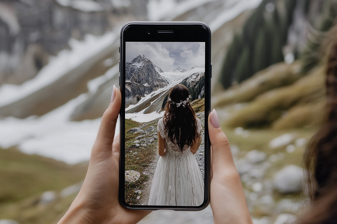 A person capturing a scenic mountain view on a smartphone.